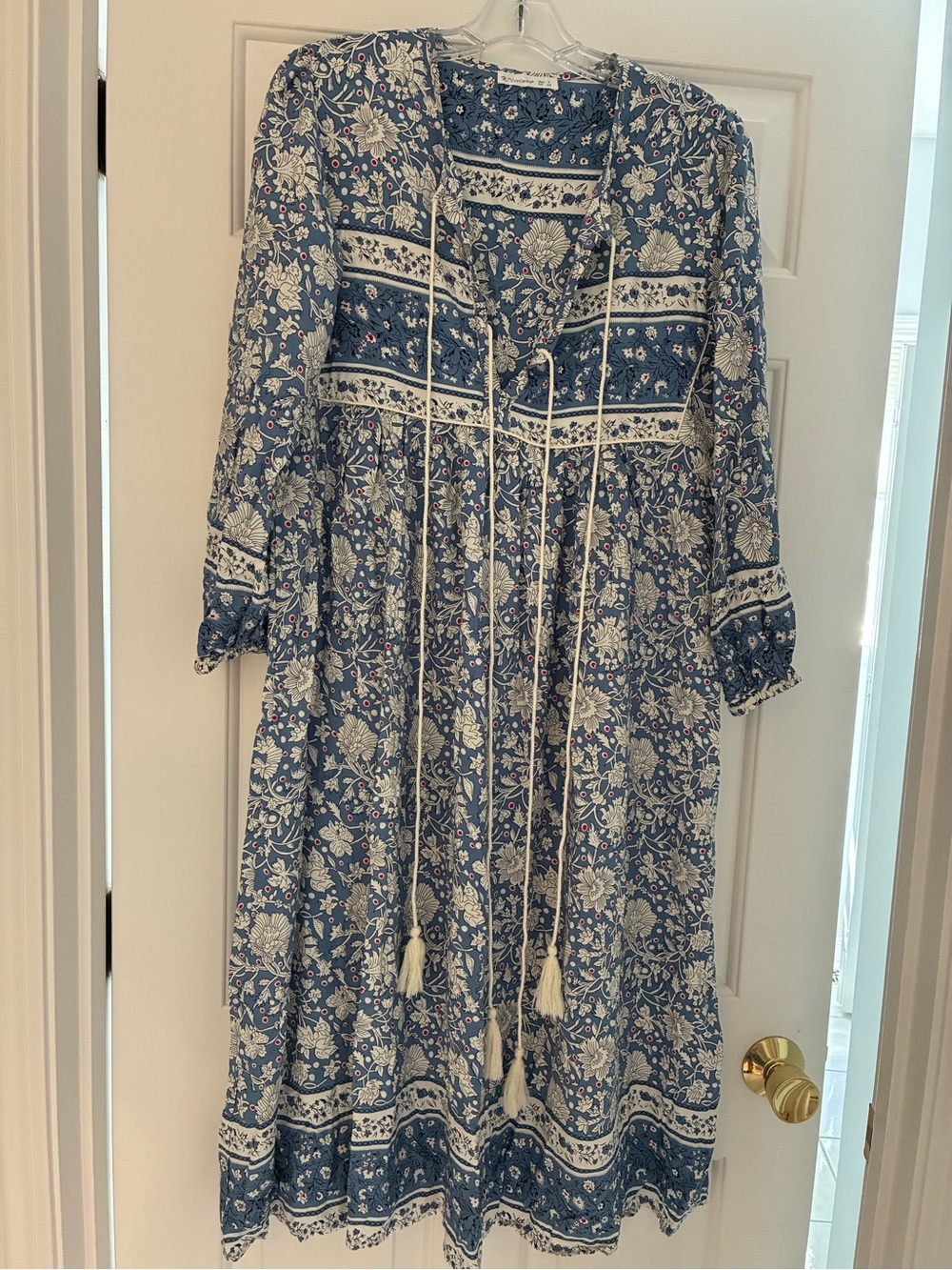Blue Floral Long Sleeve Midi Dress with Tassel Ties